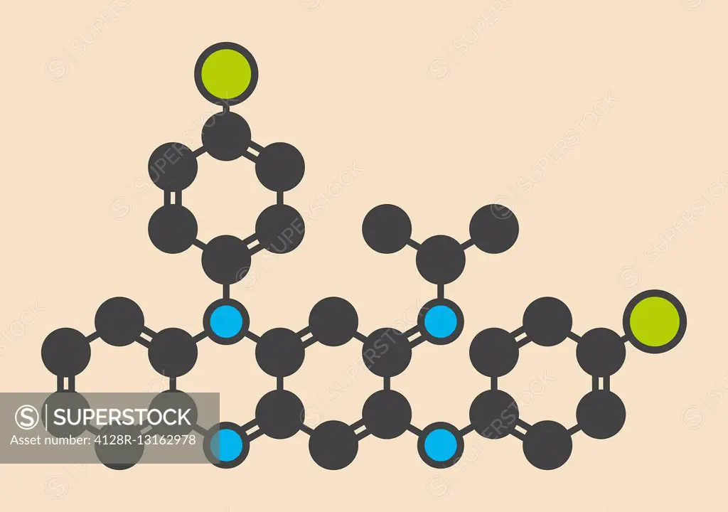 Clofazimine leprosy drug molecule. Stylized skeletal formula (chemical structure). Atoms are shown as color-coded circles: hydrogen (hidden), carbon (...