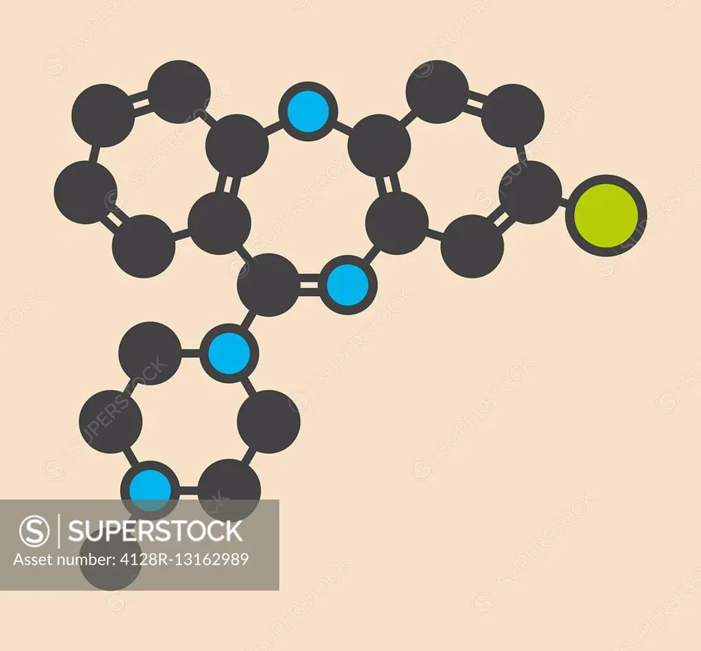 Clozapine atypical antipsychotic drug molecule. Neuroleptic medicine used in treatment of schizophrenia. Stylized skeletal formula (chemical structure...