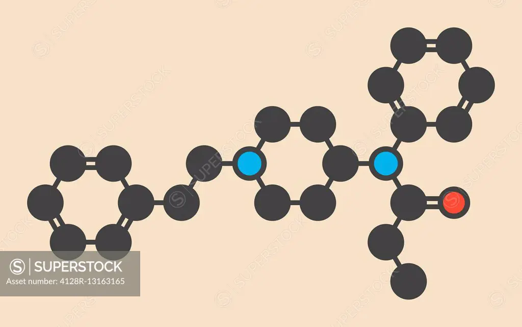 Fentanyl (fentanil) opioid analgesic drug molecule. Stylized skeletal formula (chemical structure). Atoms are shown as color-coded circles: hydrogen (...