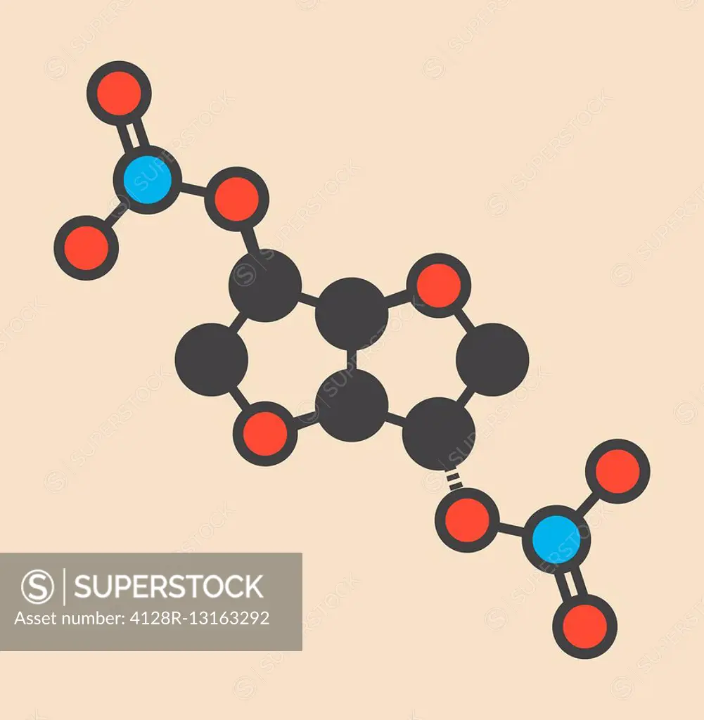 Isosorbide dinitrate (ISDN) vasodilator drug molecule. Used in treatment of heart related chest pain. Stylized skeletal formula (chemical structure). ...