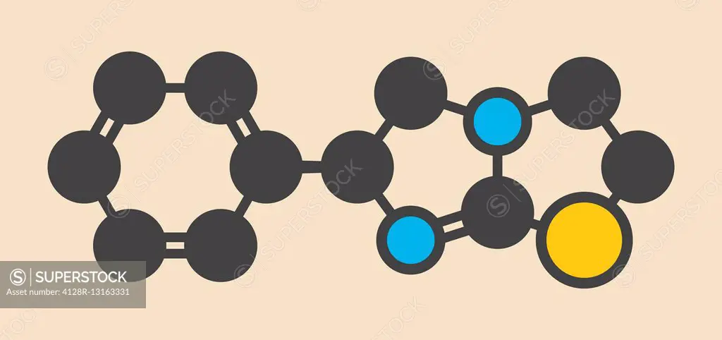 Levamisole antihelmintic drug molecule. levorotary isomer of tetramisole. Stylized skeletal formula (chemical structure). Atoms are shown as color-cod...