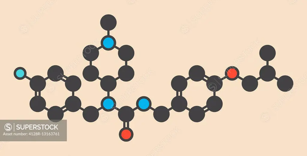 Pimavanserin antipsychotic drug molecule. Stylized skeletal formula (chemical structure). Atoms are shown as color-coded circles: hydrogen (hidden), c...