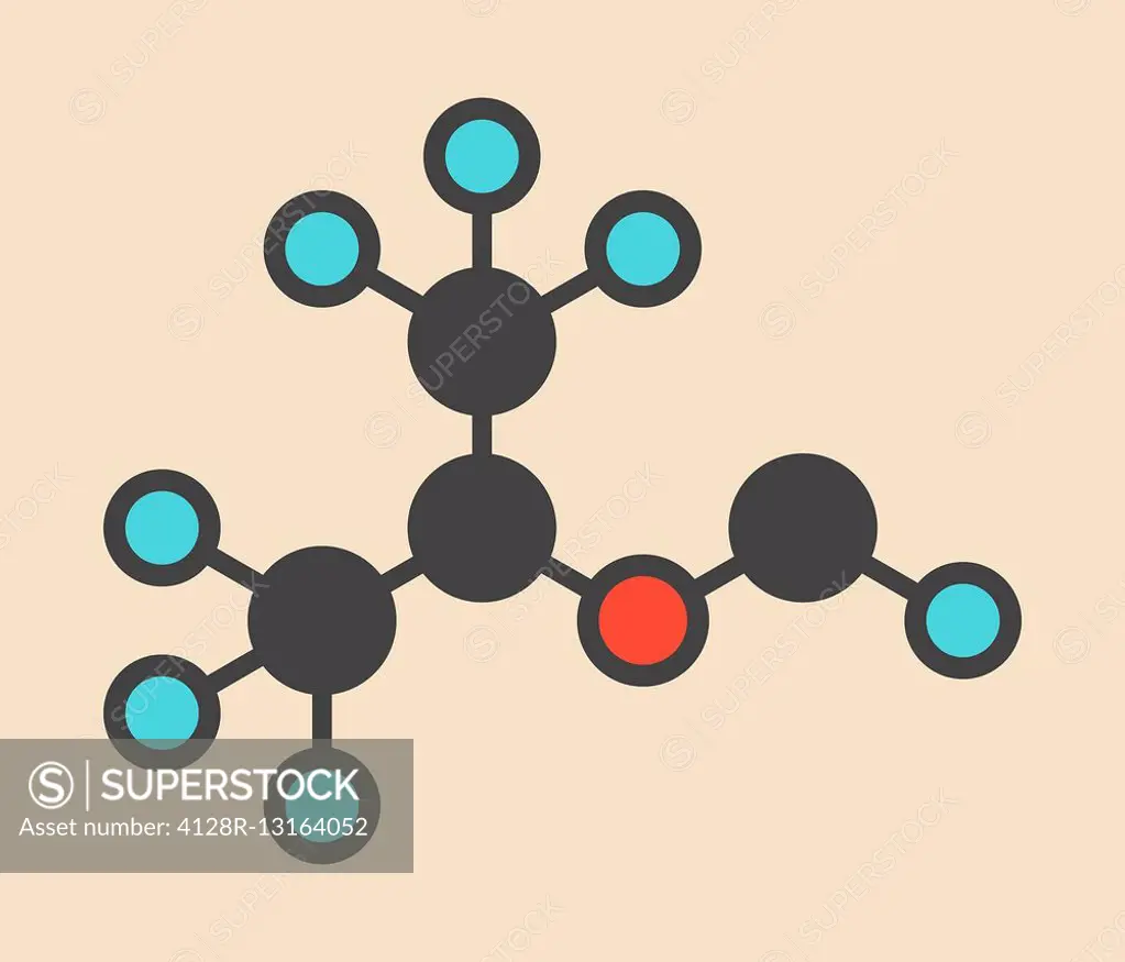 Sevoflurane inhalational anesthetic molecule. Stylized skeletal formula (chemical structure). Atoms are shown as color-coded circles: hydrogen (hidden...