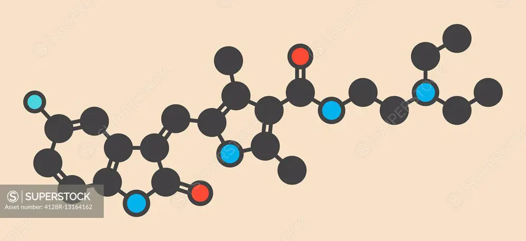 Sunitinib cancer drug molecule. Stylized skeletal formula (chemical structure). Atoms are shown as color-coded circles: hydrogen (hidden), carbon (gre...