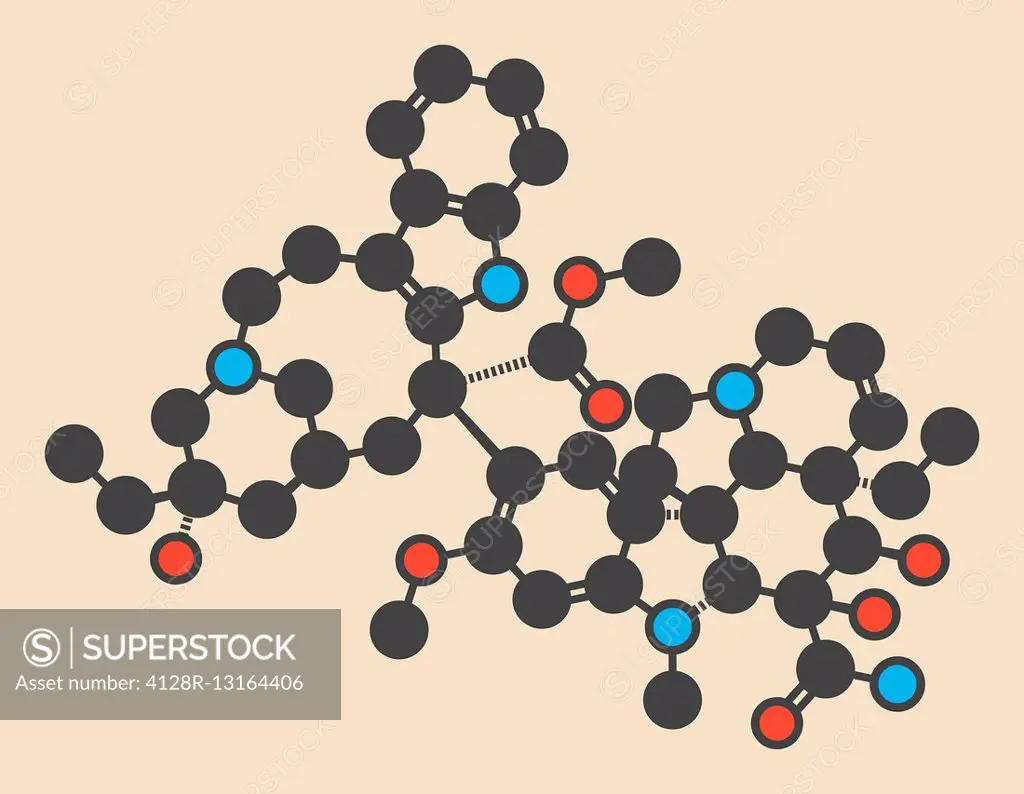 vindesine cancer chemotherapy drug molecule. Stylized skeletal formula (chemical structure). Atoms are shown as color-coded circles: hydrogen (hidden)...