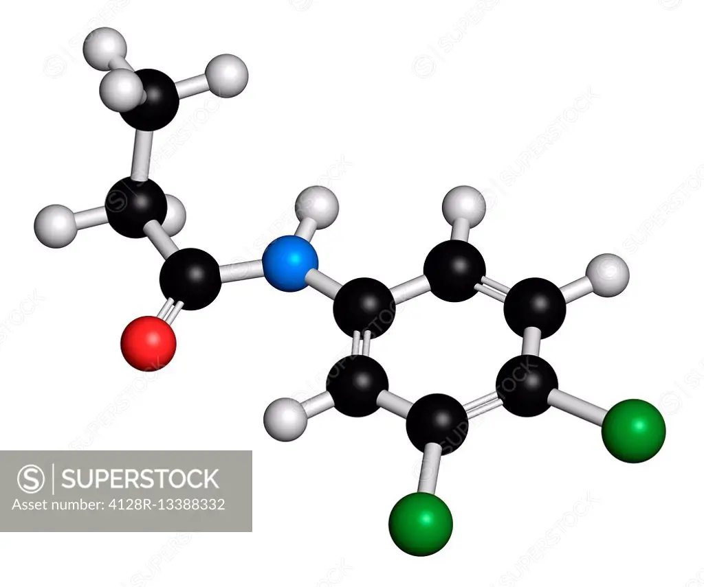 Propanil herbicide, molecular model. Atoms are represented as spheres with conventional colour coding: hydrogen (white), carbon (black), nitrogen (blu...