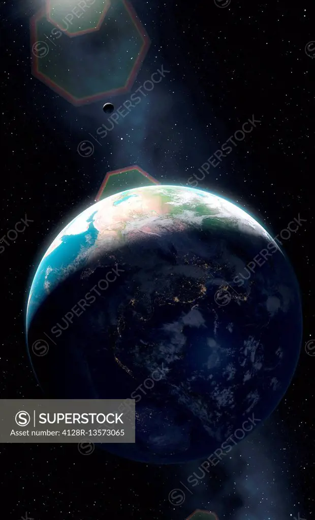 Illustration of the Earth and Moon showing a large proportion of the planet in darkness. Cities are seen glistening, defining the edges of the contine...