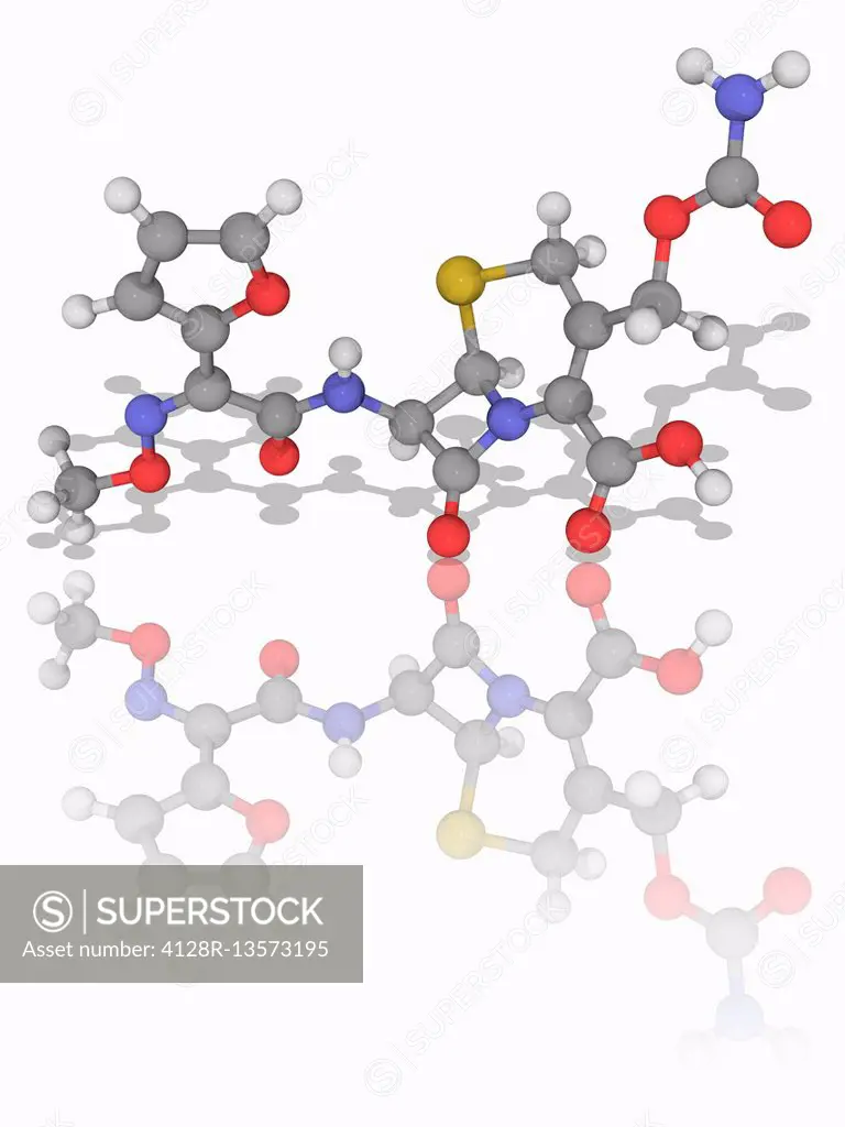 Cefuroxime. Molecular model of the antibiotic drug cefuroxime (C16.H16.N4.O8.S). This is a second-generation cephalosporin antibiotic. It is used agai...