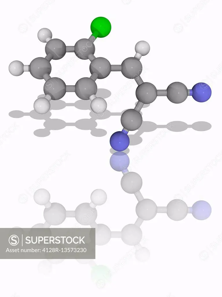 CS gas. Molecular model of 2-chlorobenzalmalononitrile (C10.H5.Cl.N2), the key component of CS gas, also called tear gas. Exposure to this chemical ca...