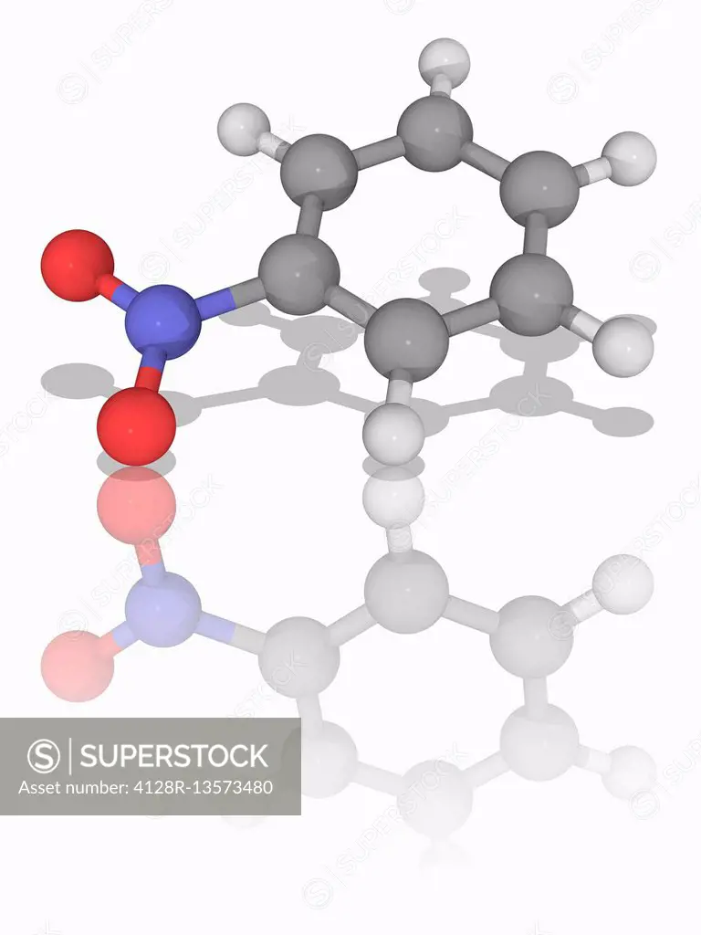 Nitrobenzene. Molecular model of the organic compound nitrobenzene (C6.H5.N.O2), produced on a large scale as a precursor to the industrial chemical a...