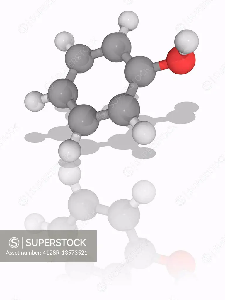 Phenol. Molecular model of the aromatic organic compound phenol (C6.H6.O), also known as carbolic acid and hydroxybenzene. It is used for building pol...