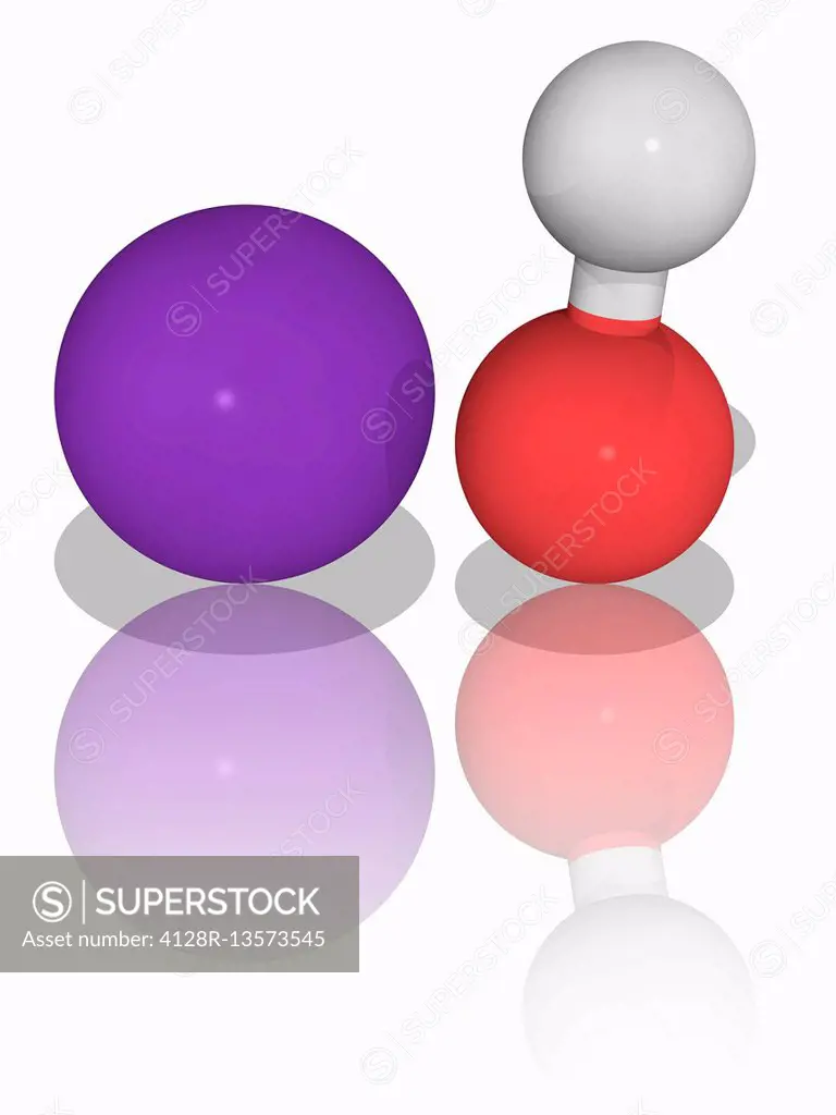 Potassium hydroxide. Molecular model of the inorganic compound potassium hydroxide (KOH), used as a precursor to most soft and liquid soaps as well as...