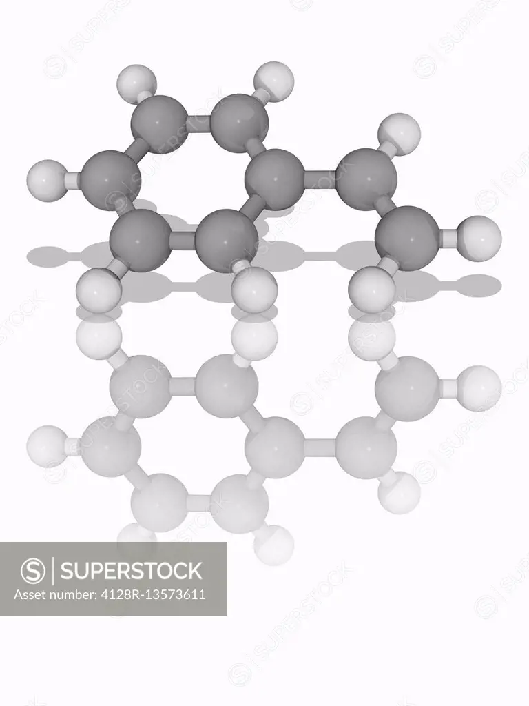 Styrene. Molecular model of the aromatic alkene styrene (C8.H8), a colourless oily liquid which is used as a precursor to the polymer and plastic poly...