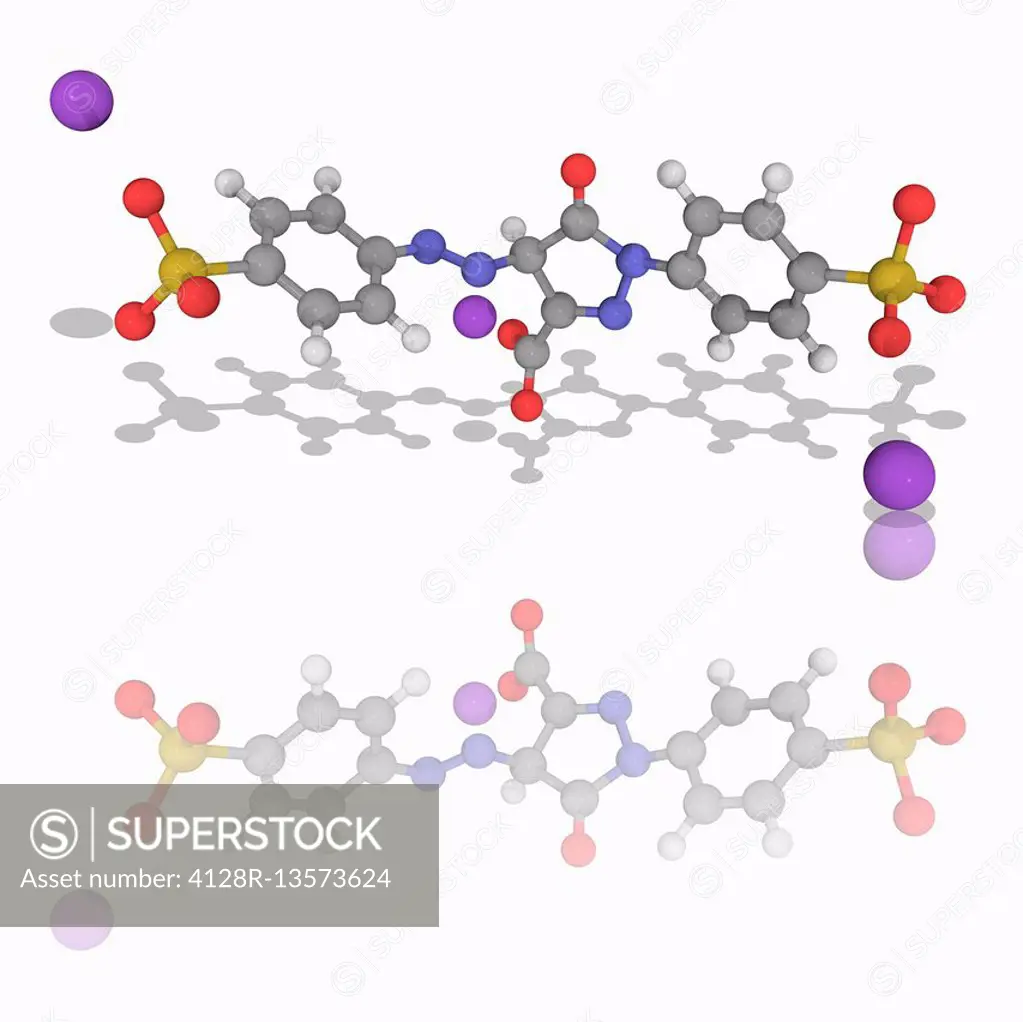 Tartrazine. Molecular model of the synthetic lemon-yellow azo dye tartrazine (C16.H9.N4.Na3.O9.S2), used as a food colouring (E102). Atoms are represe...