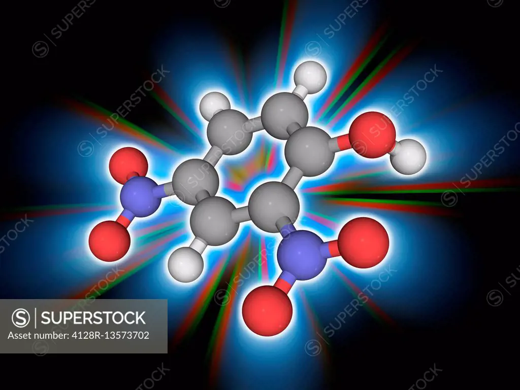 2,4-dinitrophenol. Molecular model of the nitrobenzene organic compound 2,4-dinitrophenol (C6.H4.N2.O5). Atoms are represented as spheres and are colo...