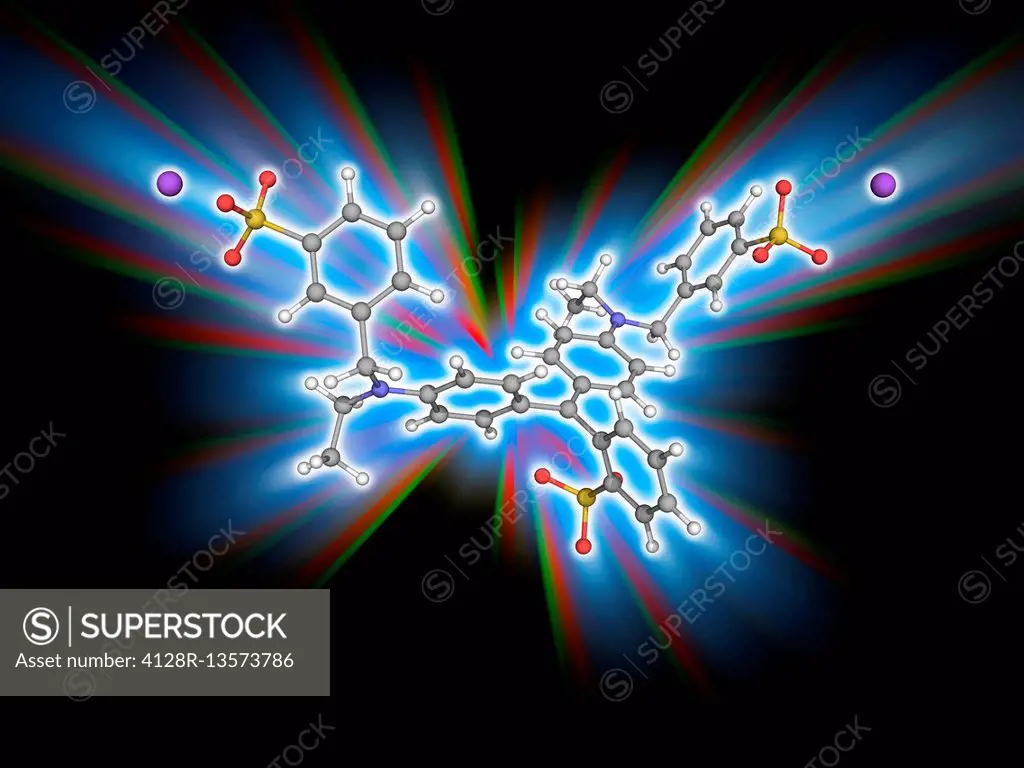 Brilliant Blue FCF. Molecular model of the synthetic dye Brilliant Blue FCF (C37.H34.N2.Na2.O9.S3). This is a colourant for foods and other substances...