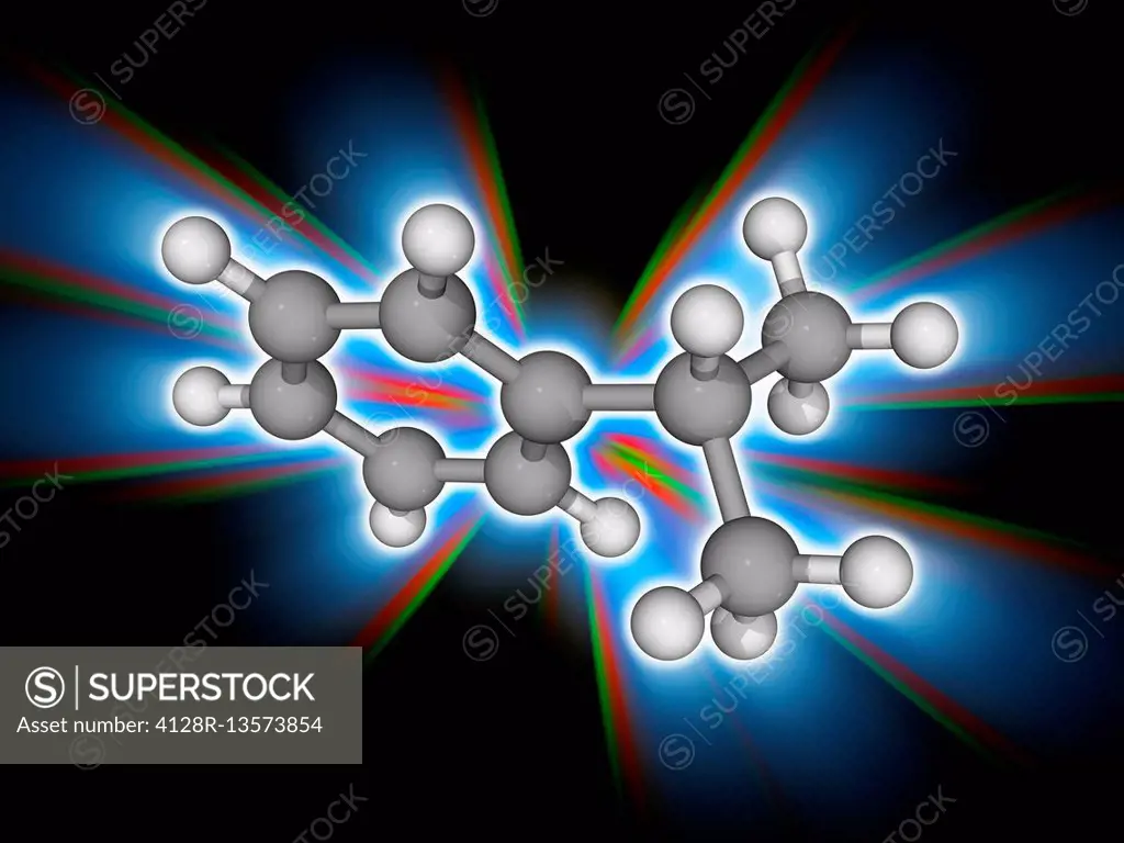 Cumene. Molecular model of the aromatic hydrocarbon cumene (C9.H12). Also known as isopropylbenzene, this is a constituent of crude oil and refined fu...