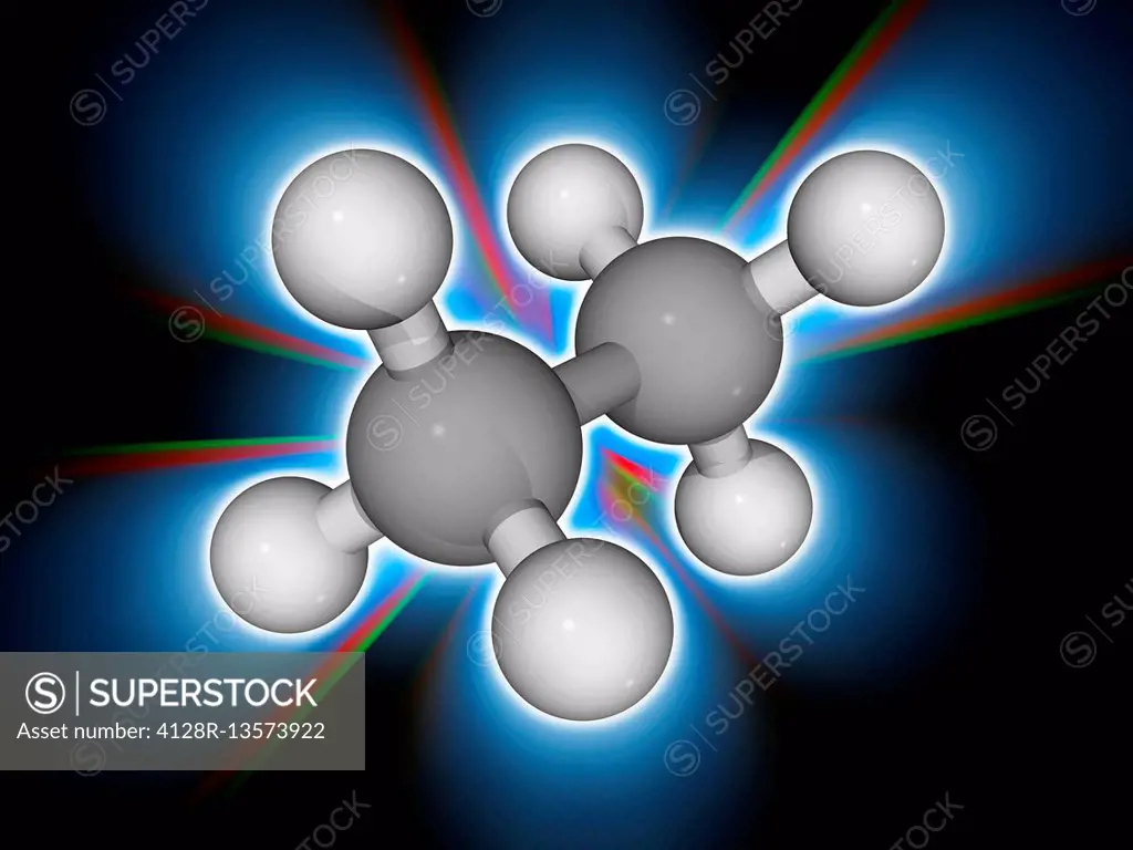 Ethane. Molecular model of the hydrocarbon alkane gas ethane (C2.H6). This colourless, odourless gas is isolated on an industrial scale from natural g...