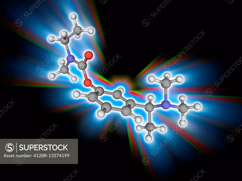 Rivastigmine. Molecular model of the drug rivastigmine (C14.H22.N2.O2), marketed as Exelon. This drug is a cholinesterase inhibitor used to treat mild...