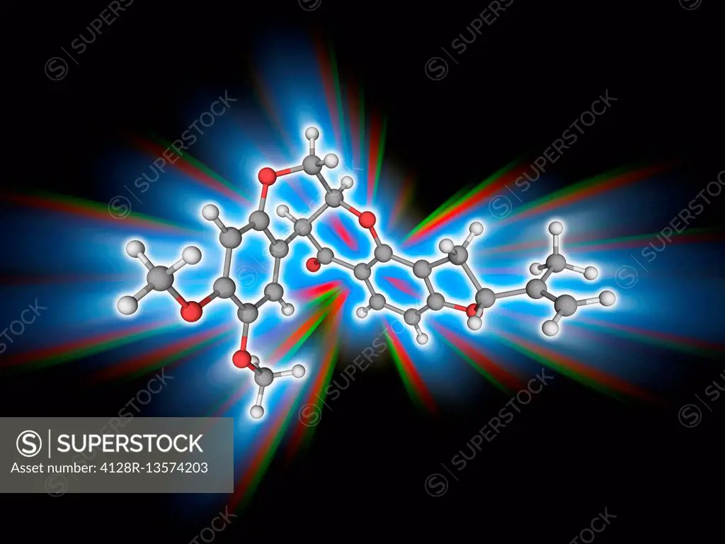 Rotenone. Molecular model of the chemical rotenone (C23.H22.O6), used as a broad-spectrum insecticide, piscicide (fish poison), and pesticide. Atoms a...