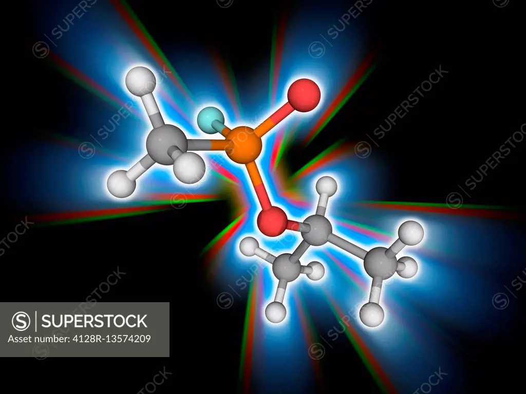 Sarin. Molecular model of the organophosphorus compound sarin (C4.H10.F.O2.P), a nerve agent used as a chemical weapon. Atoms are represented as spher...