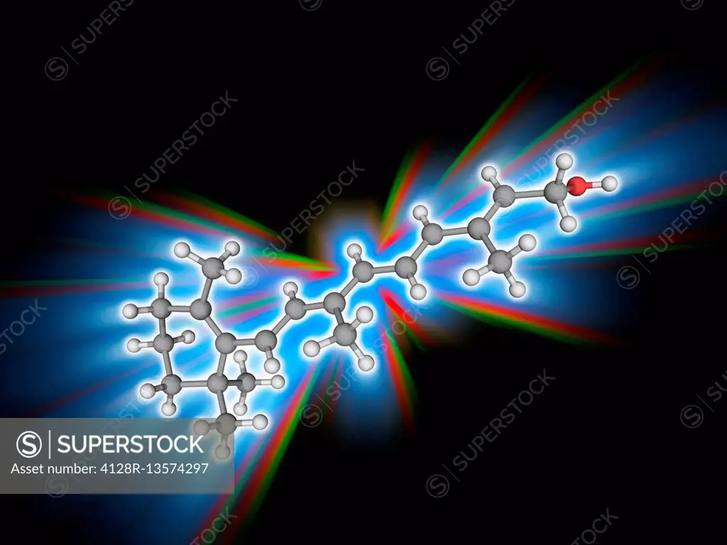 Retinol. Molecular model of the diterpenoid alcohol retinol (C20.H30.O), one of the forms of vitamin A. This chemical, when converted to the retinal f...