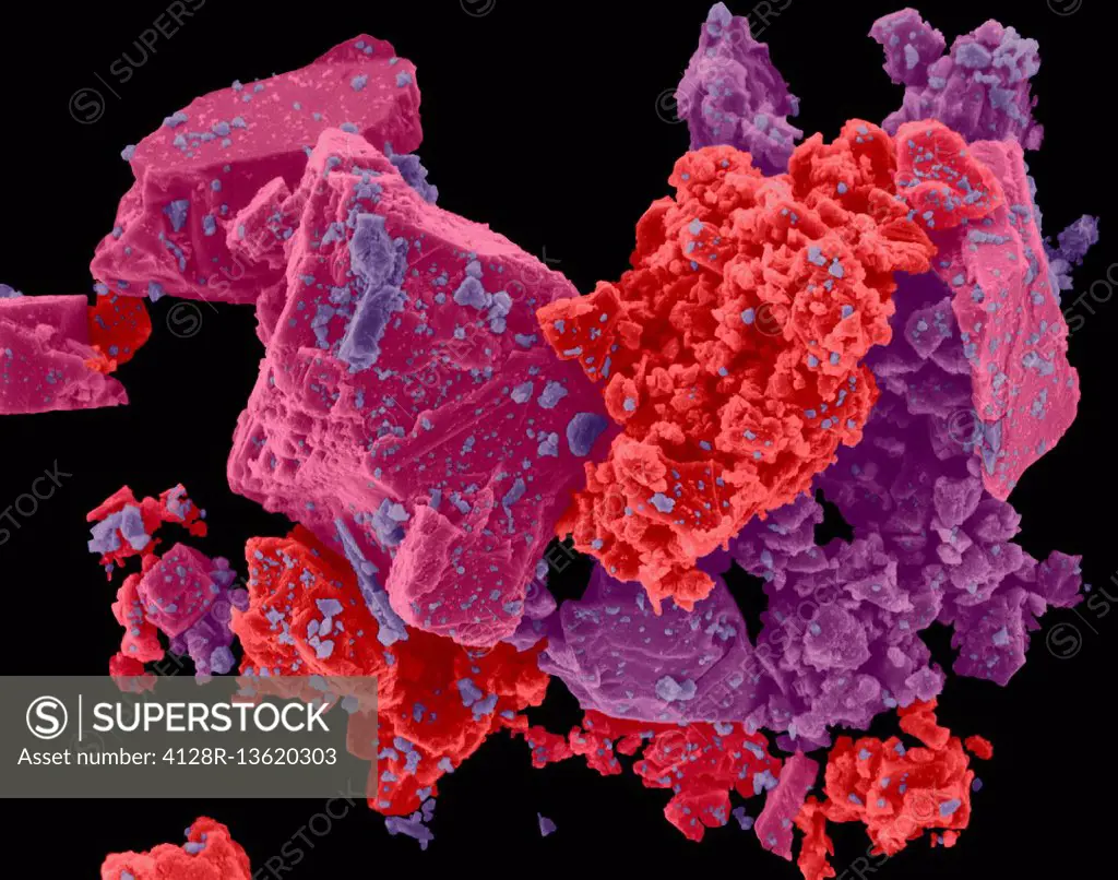 Coloured scanning electron micrograph (SEM) of Ajax cleaner. Ajax cleanser is a brand of cleaning products, introduced by Colgate-Palmolive in 1947. I...