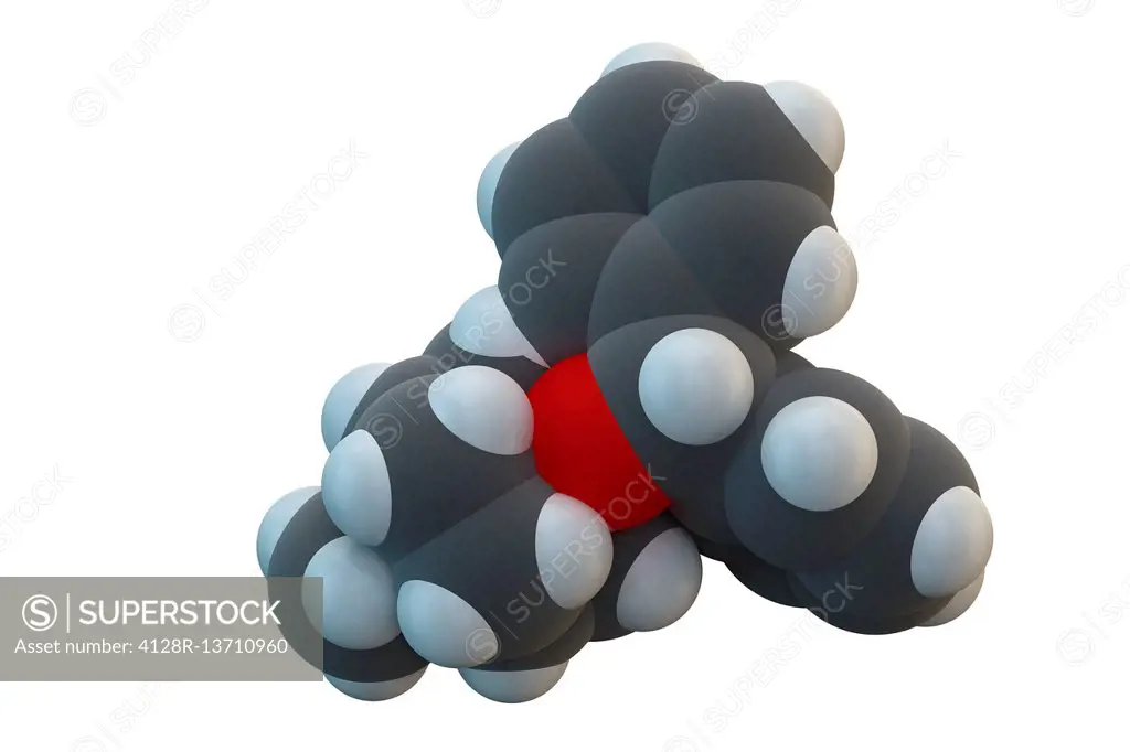 Benzatropine (benztropine) anticholinergic drug molecule. Used in treatment of Parkinson's disease and Parkinsonism. Chemical formula is C21H25NO. Ato...