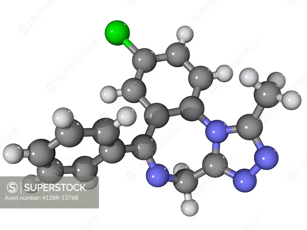 Alprazolam, molecular model. This sedative drug is marketed as Xanax. Atoms are represented as spheres and are colour_coded: carbon grey, hydrogen whi...