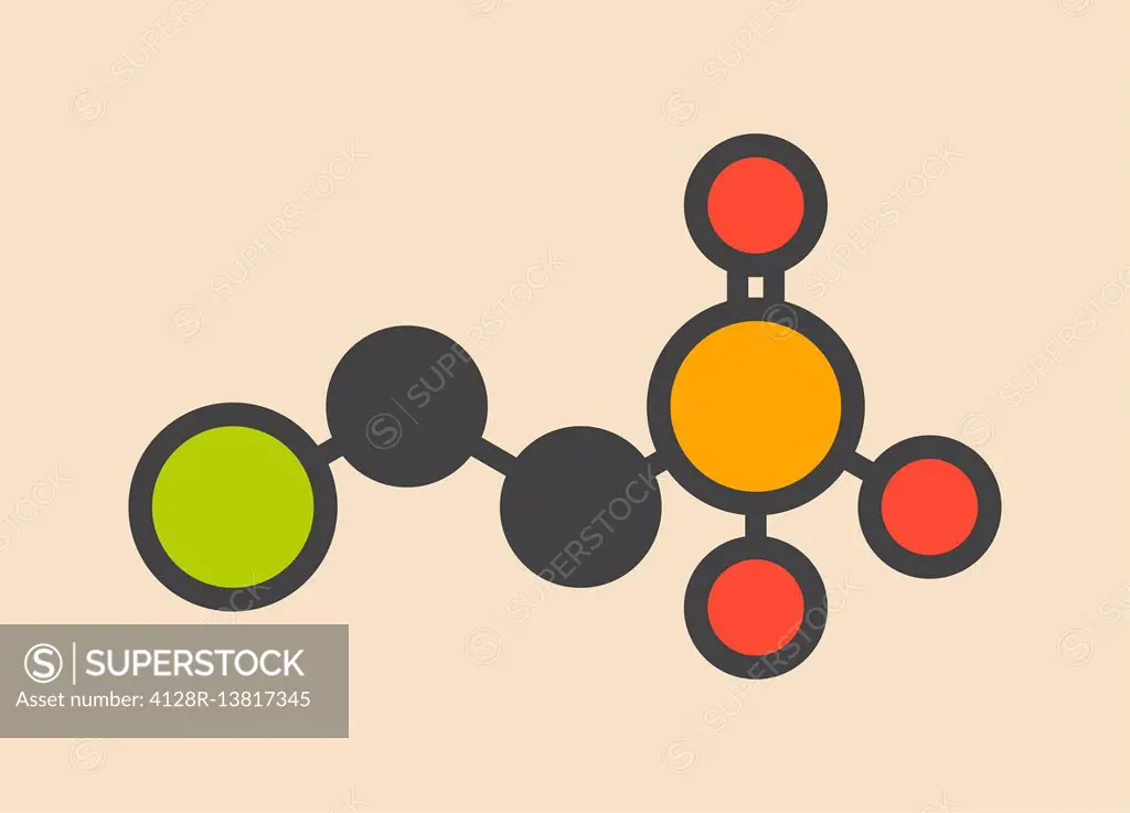 Ethephon plant growth regulator molecule. Stylized skeletal formula (chemical structure): Atoms are shown as color-coded circles: hydrogen (hidden), c...