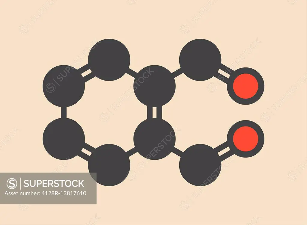 Phthalaldehyde (ortho-phthalaldehyde, OPA) disinfectant molecule. Stylized skeletal formula (chemical structure): Atoms are shown as color-coded circl...