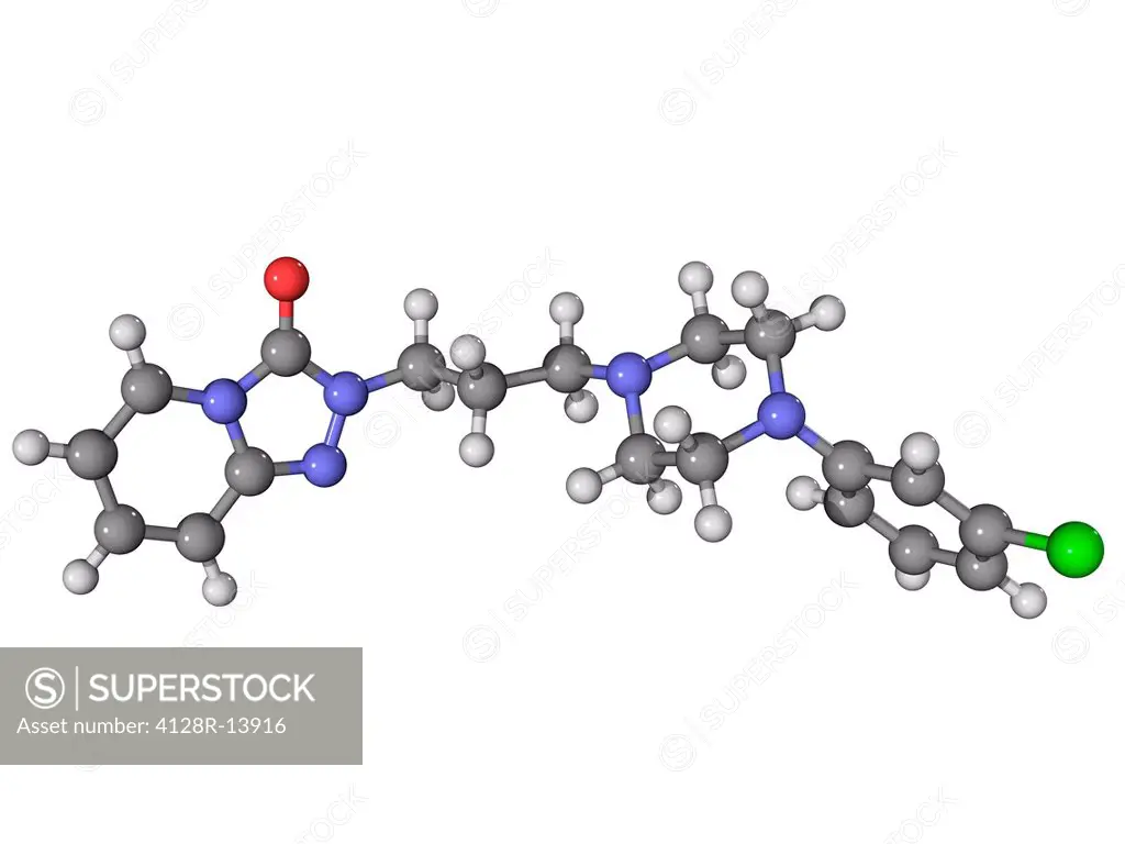 Trazadone, molecular model. This antidepressant drug is a serotonin antagonist and reuptake inhibitor SARI. Atoms are represented as spheres and are c...