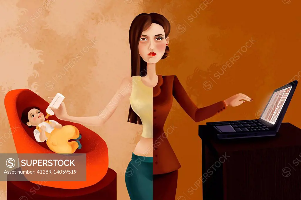 Illustration of professional woman feeding her baby