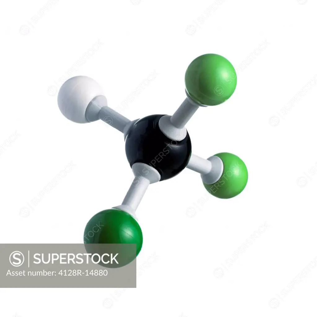 CFC molecule. Model of a molecule of chlorodifluoromethane. Atoms are represented as spheres and are colour_coded: carbon black, hydrogen white, chlor...