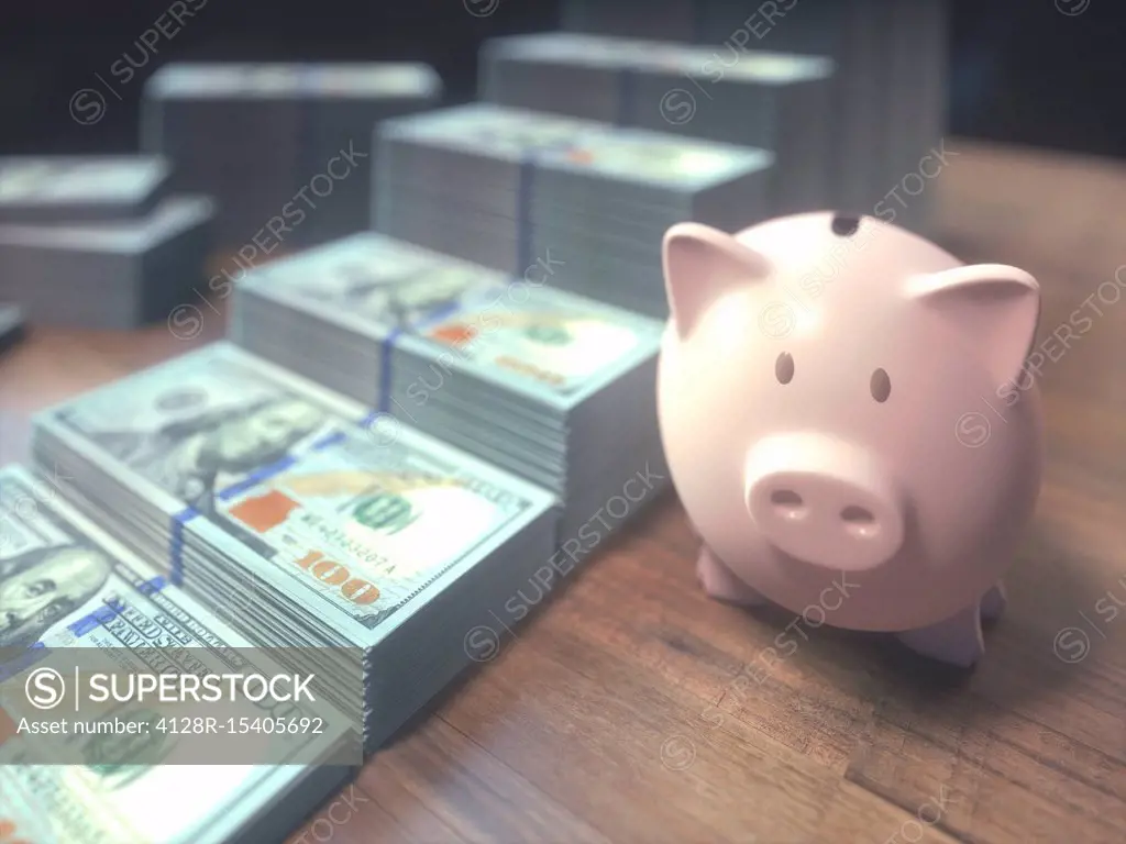 One hundred US dollar banknotes and piggy bank, illustration