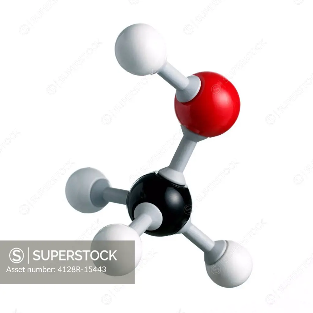 Methanol molecule. Atoms are represented as spheres and are colour_coded: carbon black, hydrogen white and oxygen red.