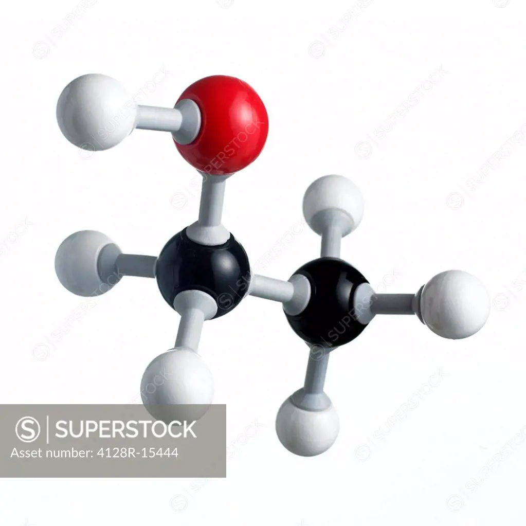 Ethanol molecule. Atoms are represented as spheres and are colour_coded: carbon black, hydrogen white and oxygen red.