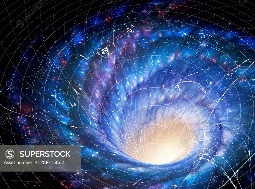 Illustration showing a galaxy as a giant whirlpool in space, and the galaxy´s effect on that space. The image shows how the gravity of the galaxy warp...