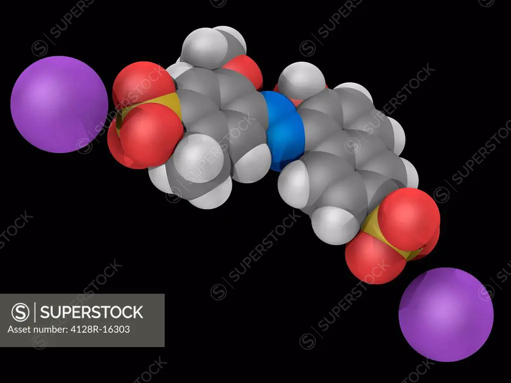 Allura Red AC, molecular model. Red azo dye used as food dye E129. Atoms are represented as spheres and are colour_coded: carbon grey, hydrogen white,...