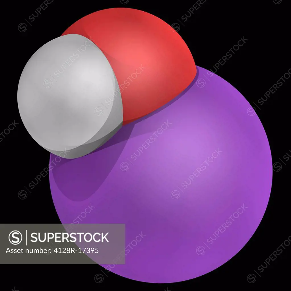 Sodium hydroxide, molecular model. Caustic metallic base mostly used as a strong chemical base in the production of pulp and paper, textiles, drinking...