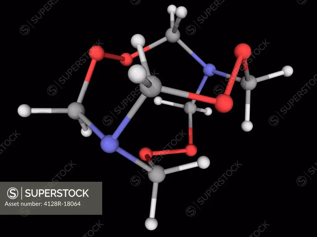 Hexamethylene triperoxide diamine HMTD, molecular model. Highly explosive organic compound. Common home_made explosive used by terrorists. Atoms are r...