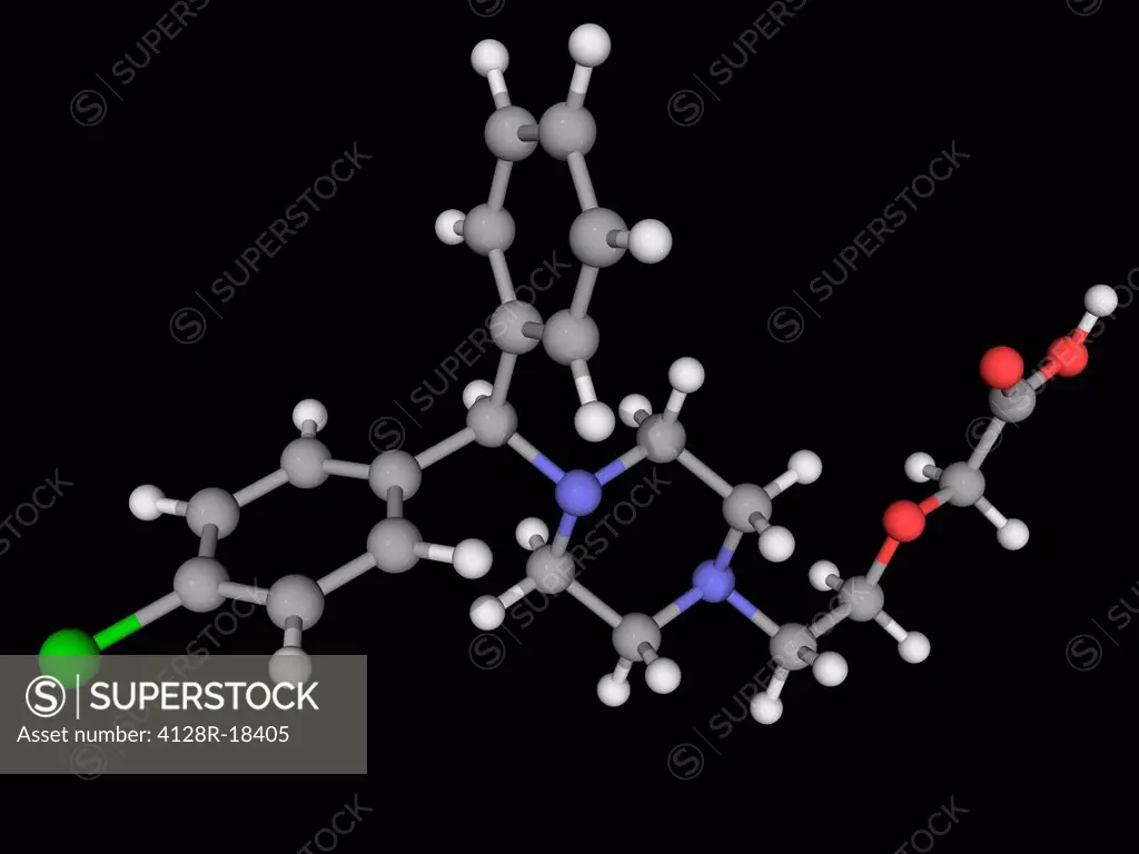 Cetirizine, molecular model. Third_generation antihistamine. Atoms are represented as spheres and are colour_coded: carbon grey, hydrogen white, nitro...