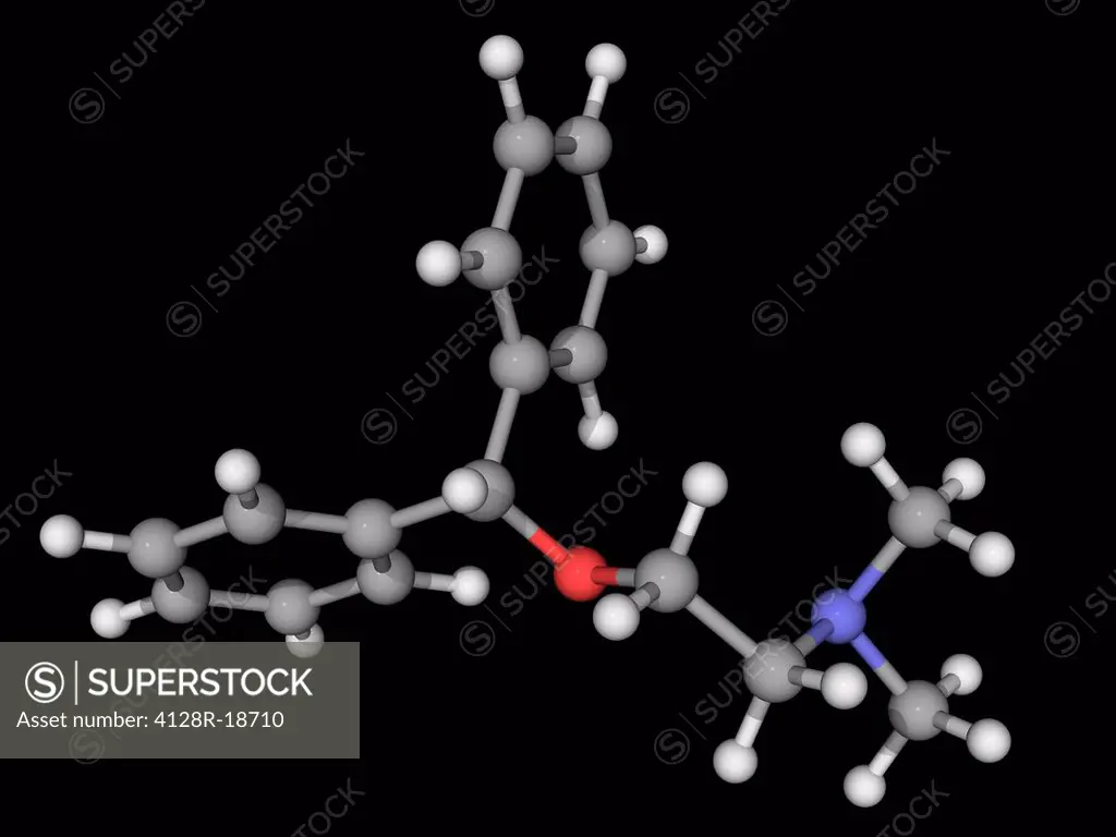 Diphenhydramine, molecular model. First_generation antihistamine used to treat allergic symptoms and itchiness, the common cold, insomnia, motion sick...