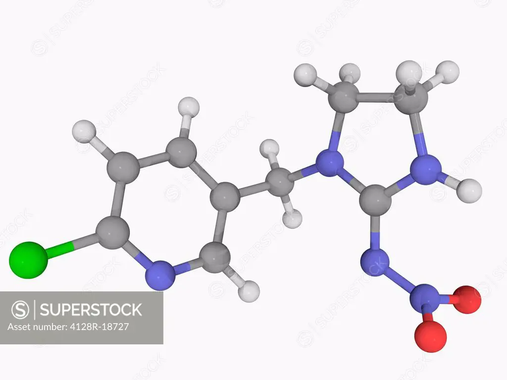 Imidacloprid, molecular model. Systemic insecticide acting as a neurotoxin. Atoms are represented as spheres and are colour_coded: carbon grey, hydrog...