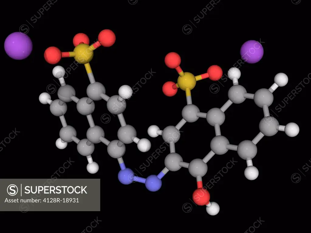 Azorubine, molecular model. Synthetic red food dye. Atoms are represented as spheres and are colour_coded: carbon grey, hydrogen white, nitrogen blue,...