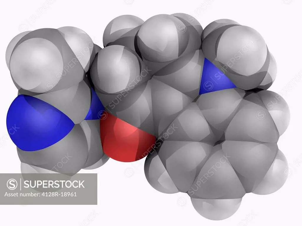 Ondansetron, molecular model. Drug acting as a serotonin 5_HT3 receptor antagonist used in the treatment of nausea and vomiting following chemotherapy...