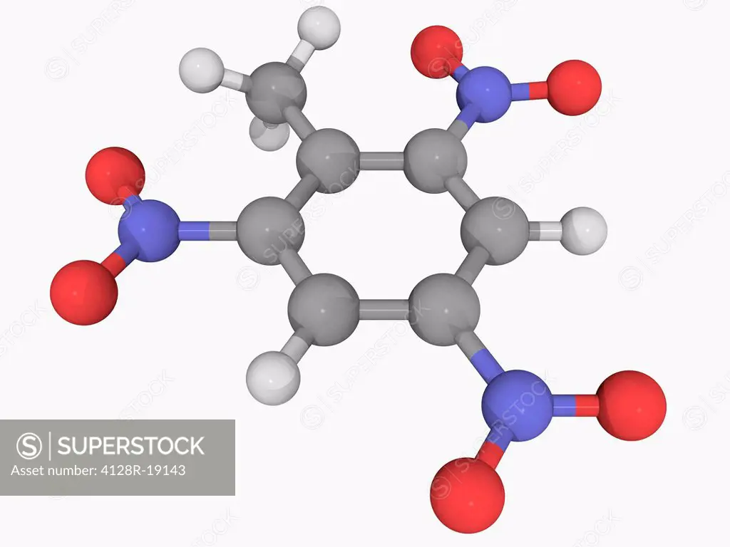 Trinitrotoluene TNT, molecular model. Organic compound, one of the most commonly used explosives. Atoms are represented as spheres and are colour_code...