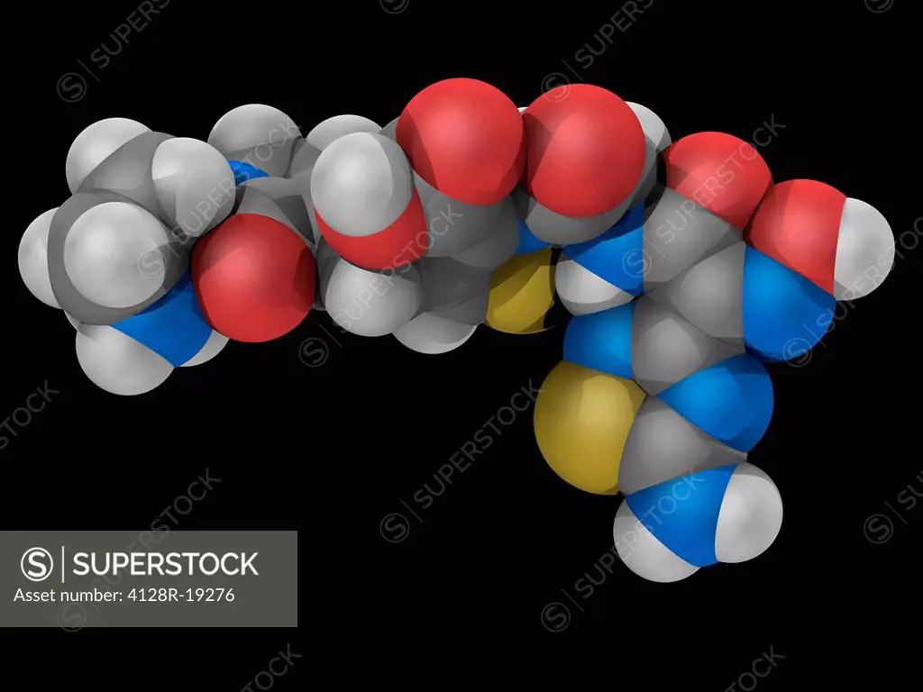 Ceftobiprole, molecular model. Fifth_generation cephalosporin antibiotic used against methicillin_ and penicillin_resistant bacteria. Atoms are repres...