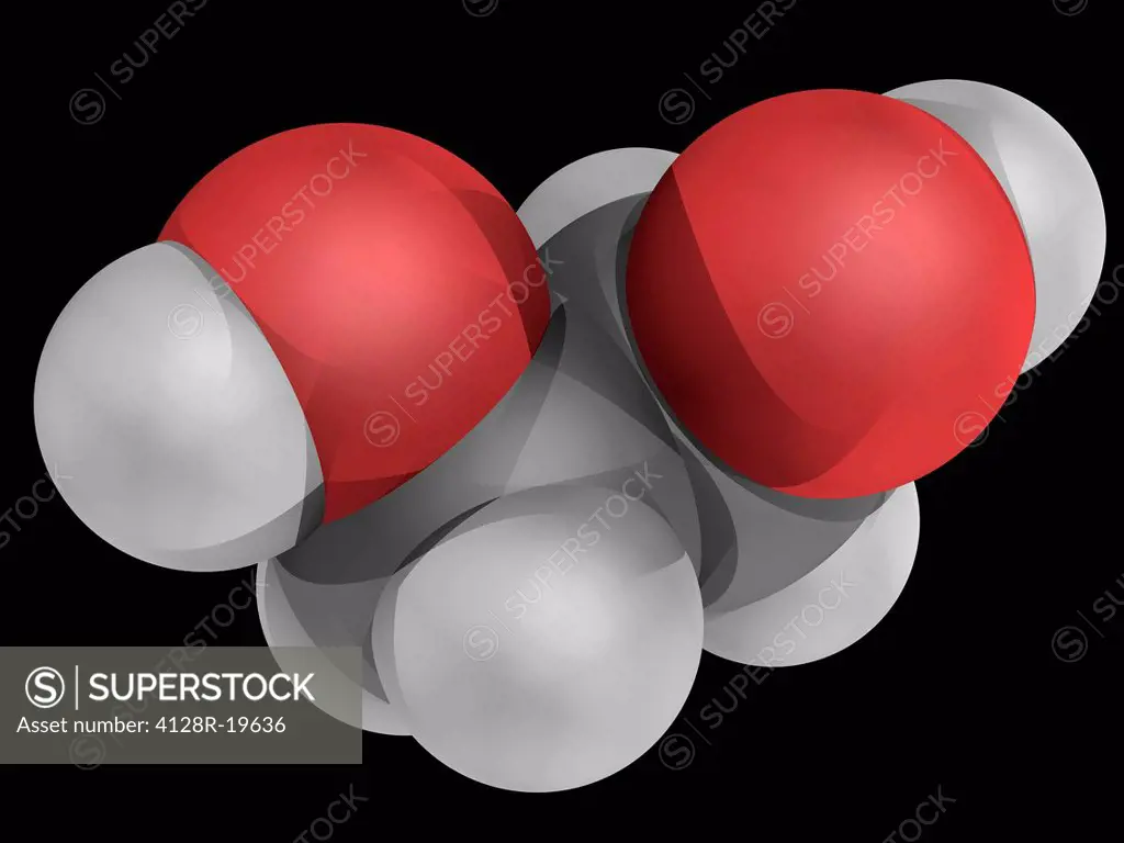 Ethylene glycol, molecular model. Organic compound used as an automotive antifreeze and a precursor to polymers. Atoms are represented as spheres and ...