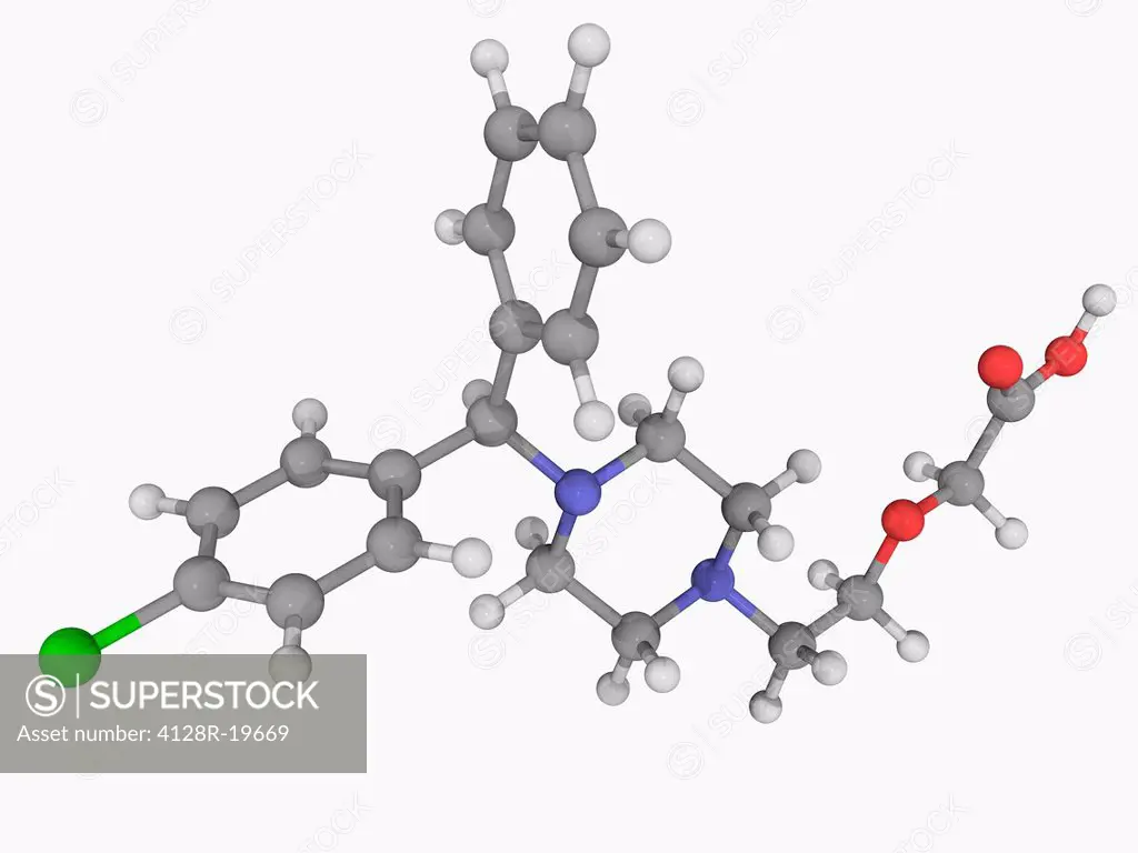 Cetirizine, molecular model. Third_generation antihistamine. Atoms are represented as spheres and are colour_coded: carbon grey, hydrogen white, nitro...